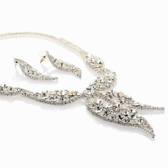 Lavish Crystal Bridal Wedding Jewellery Set, Leaf Design Necklace & Earrings - Image 4