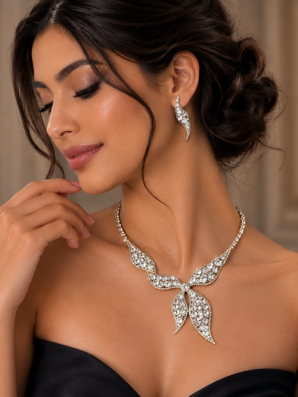 Lavish Crystal Bridal Wedding Jewellery Set, Leaf Design Necklace & Earrings - Image 3