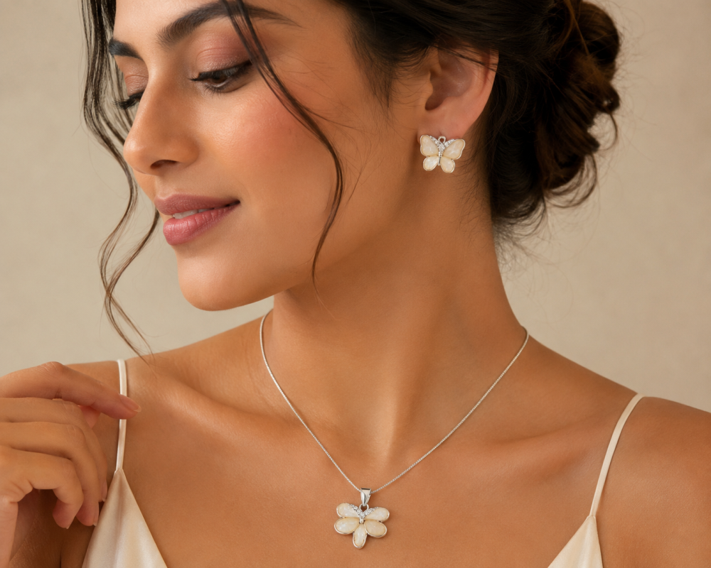 Jewellery Set Mother of Pearl 3 Clover Leaf Heart Crystal Necklace & Earring - Image 8
