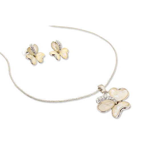 Jewellery Set Mother of Pearl 3 Clover Leaf Heart Crystal Necklace & Earring - Image 9