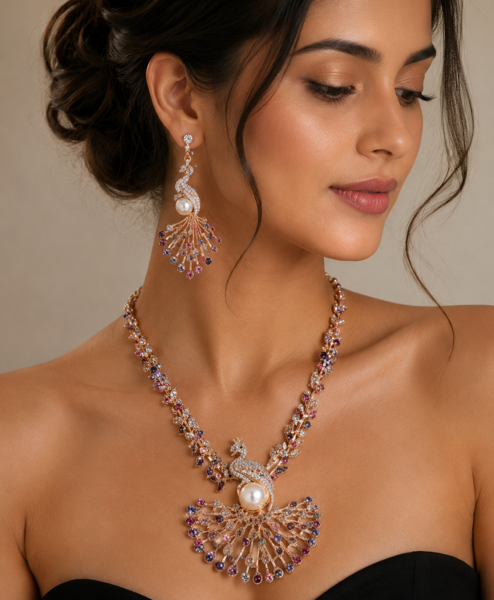 Peacock Jewellery Set, Pendant Necklace, Drop Earrings.Swarovski Crystal Elements - Image 3