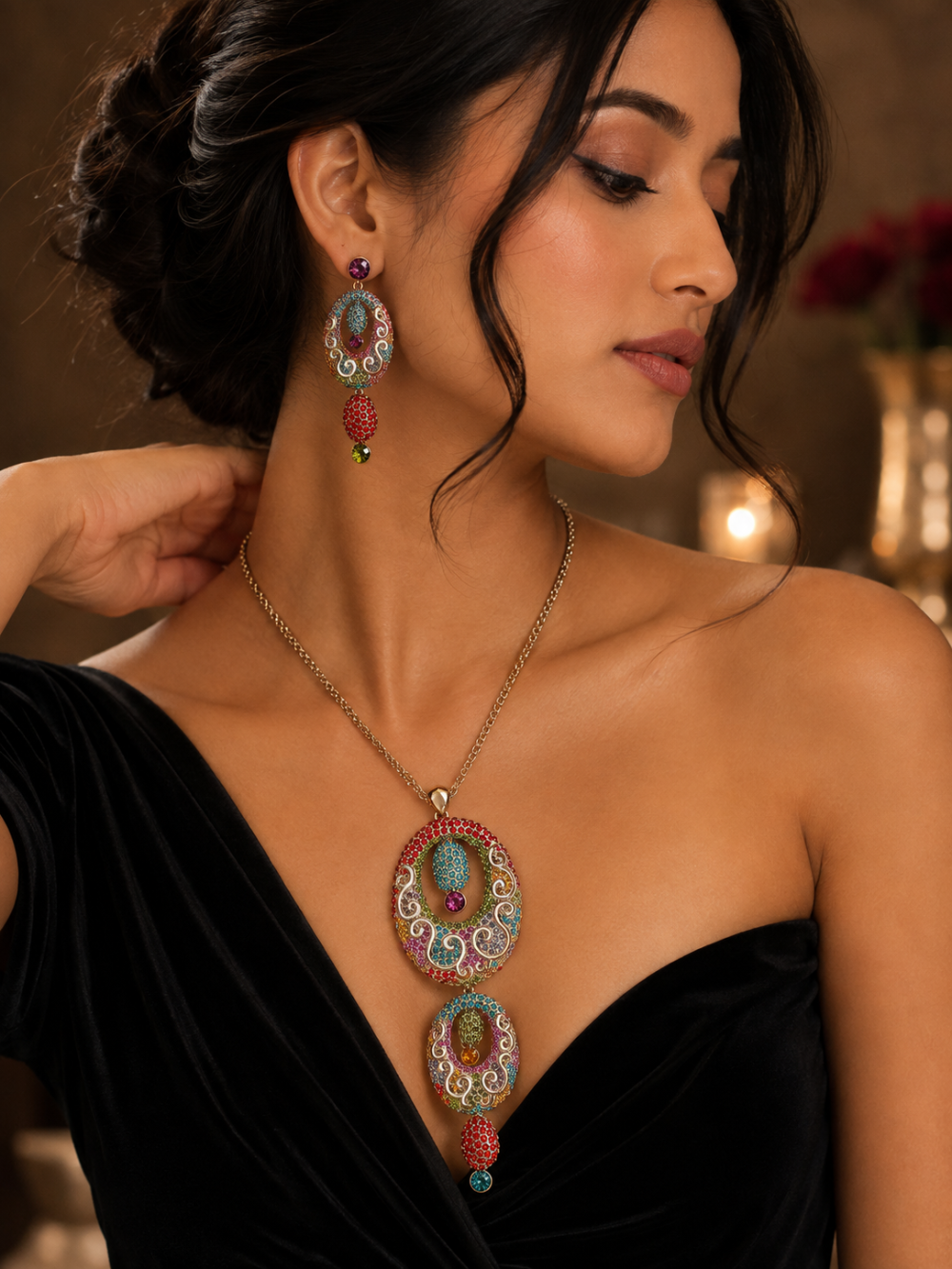 Indian Style Ornate Jewellery Pendant and Drop Earrings Set, Long Drop Earrings - Image 17