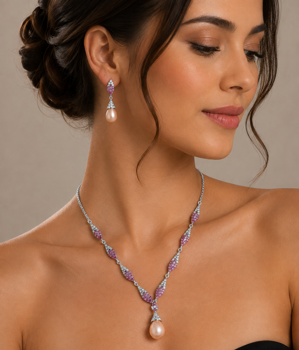 Pearl Drop Jewellery Necklace Earrings Set with Swarovski Crystal Elements. - Image 4