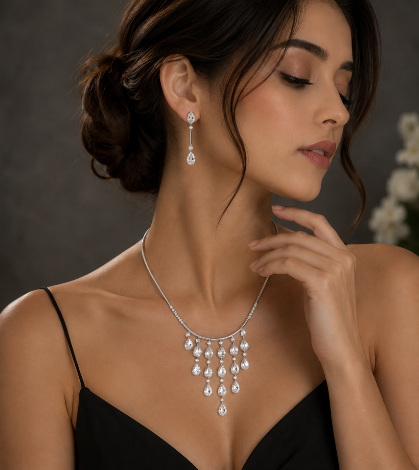Tear Drop Crystal Necklace/Earrings Jewellery Set, Swarovksi Crystal Elements - Image 3