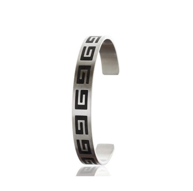 Greek Key Pattern Engraved Mens Stainless Steel Cuff Bangle Bracelet Wrist Band - Image 2