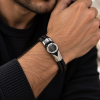 Mens Bracelet Black or Brown Twin Leather Platted Cords Wristband, Button Fasten - Thumbnail Image 1