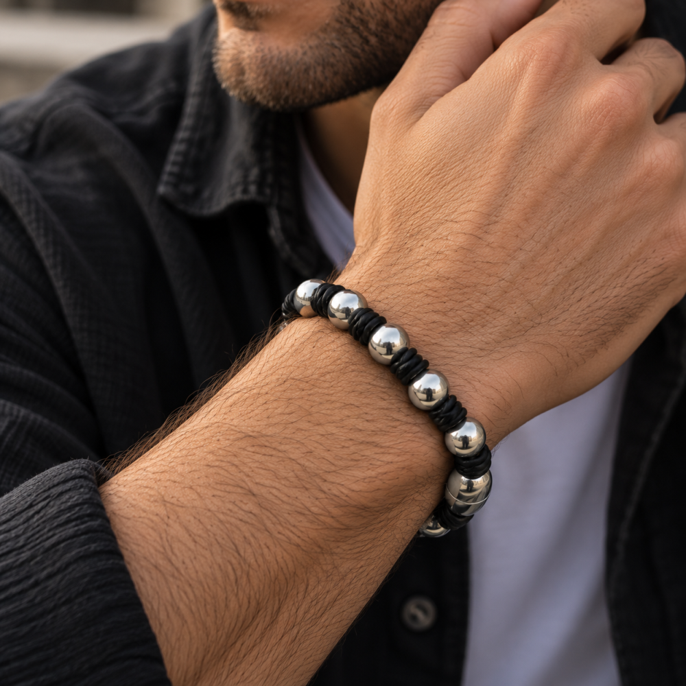 Mens Genuine Leather Bracelet Wristband, Knotted Style with Magnetic Balls Fasten - Image 4