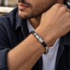 Mens Leather Bracelet Wristband, Braided Platted Cords Stainless Steel Links - Thumbnail Image 7