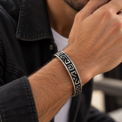 Mens Stainless Steel Cuff Bracelet, WristBand, Etched Engraved Greek Key Pattern