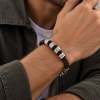 Mens Braided Leather Cord Strap Wristband Bracelet, Stainless Steel Rings, Fasten - Thumbnail Image 1