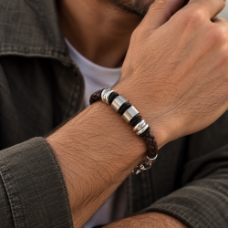 Mens Braided Leather Cord Strap Wristband Bracelet, Stainless Steel Rings, Fasten