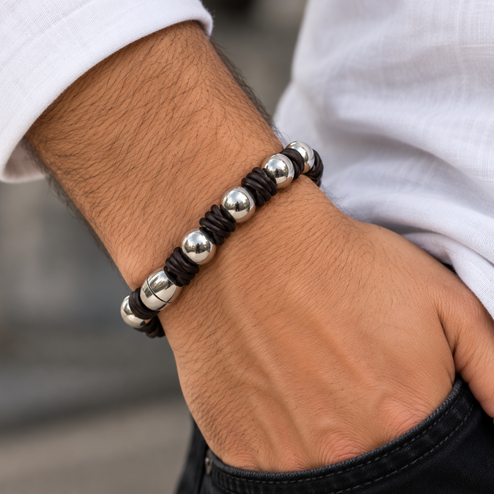 Mens Genuine Leather Bracelet Wristband, Knotted Style with Magnetic Balls Fasten - Image 1