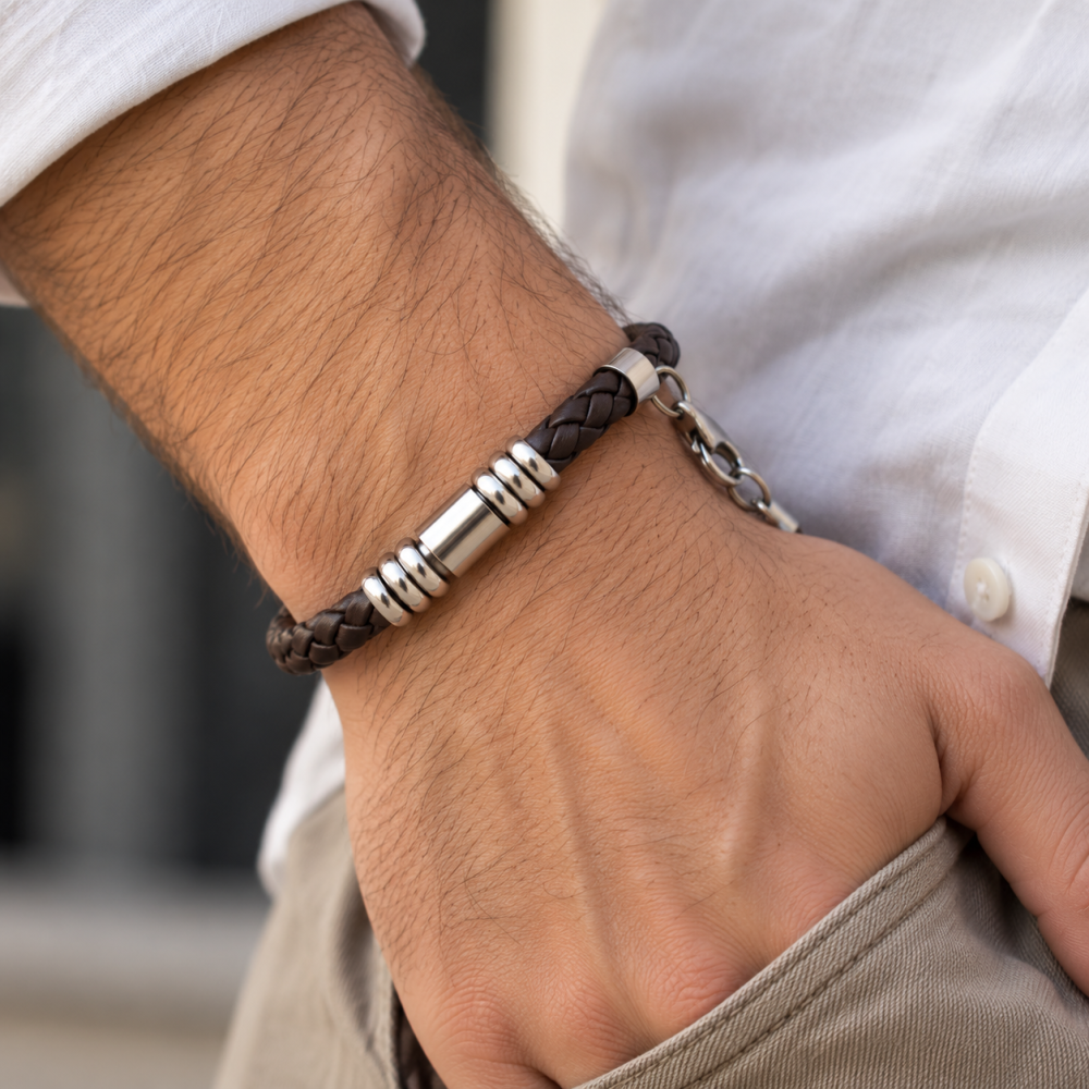 Mens Leather Bracelet Wristband, Braided Platted Cords Stainless Steel Links - Image 1