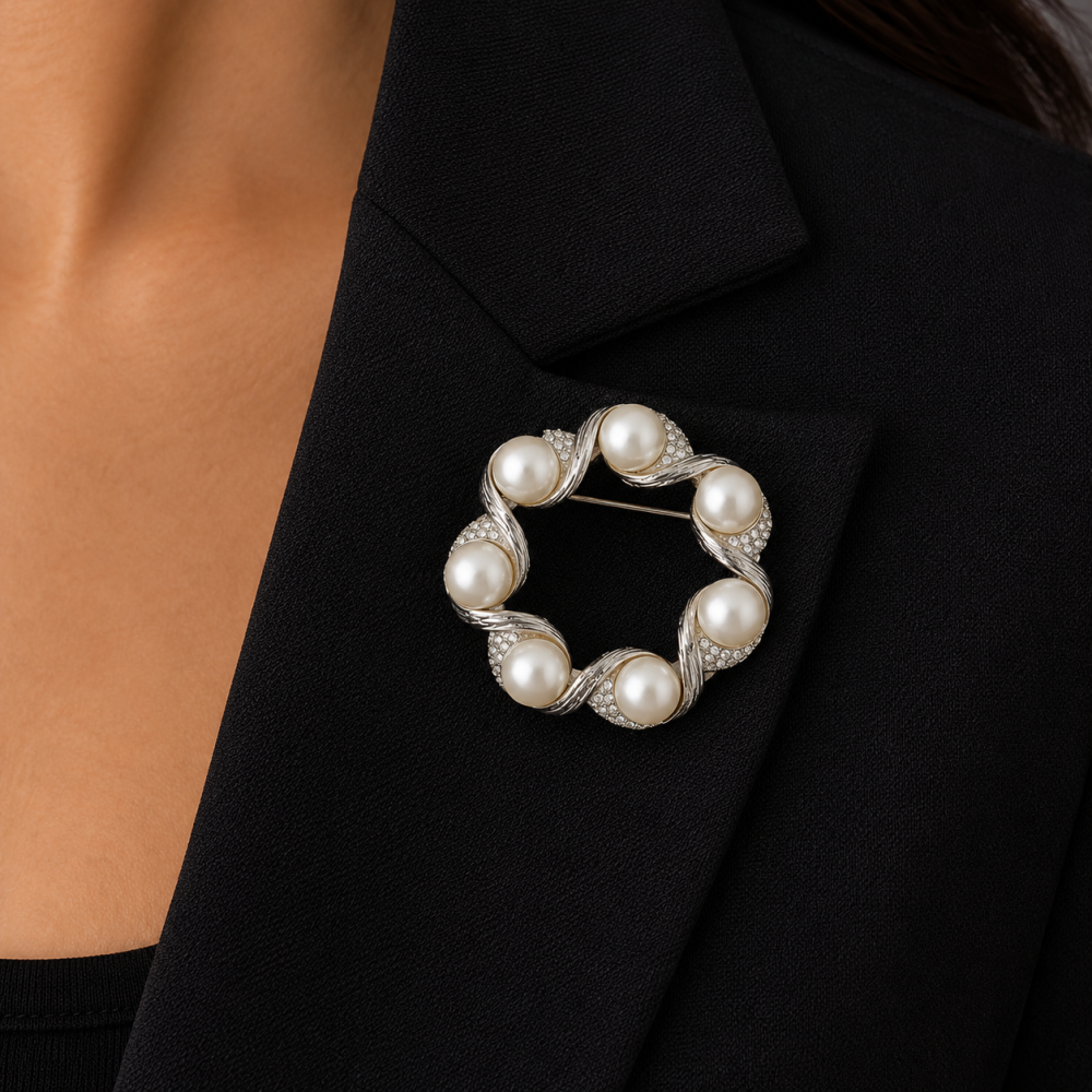 Silver Rhodium Brooch Pin, Clear Swarovksi Crystal Elements & Pearls, Sale (2Pcs) - Image 2