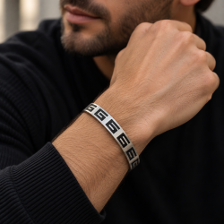 Greek Key Pattern Engraved Mens Stainless Steel Cuff Bangle Bracelet Wrist Band