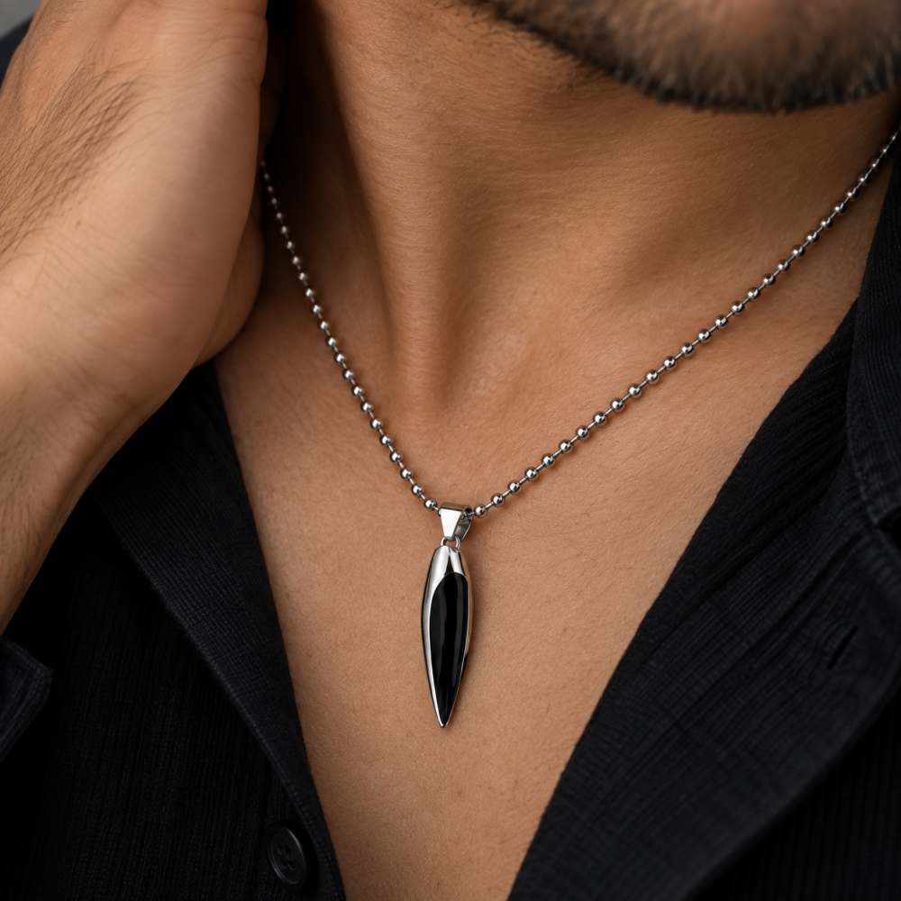 Solid Slick Trendy Mens Stainless Steel Bullet Pendant Chain Necklace, Silver - Image 1