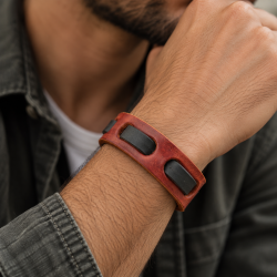 Red Adjustable Genuine Leather Wrist Strap With Solid Brown Leather Tape