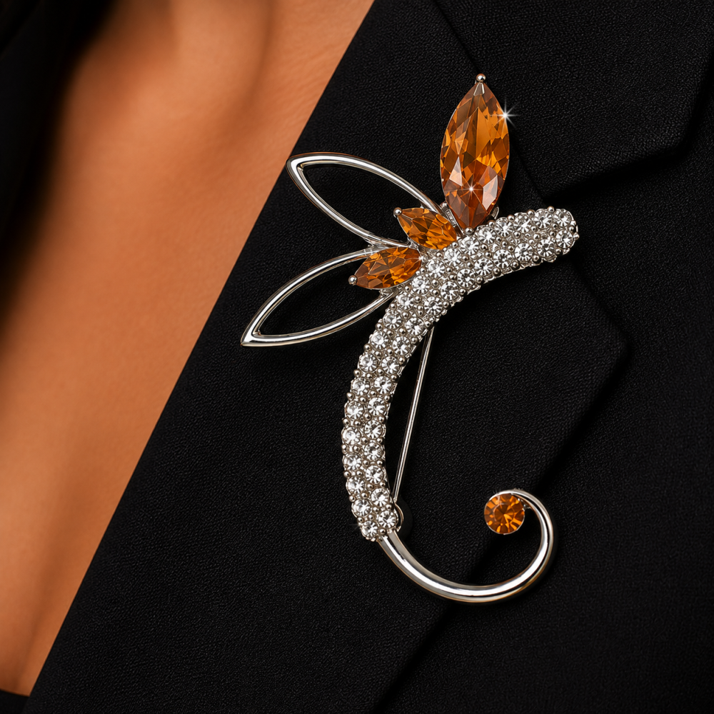 Vintage Art Deco Pear Drop Brooch Pin, Silver Rhodium, Swarovski Crystal Elements - Image 2