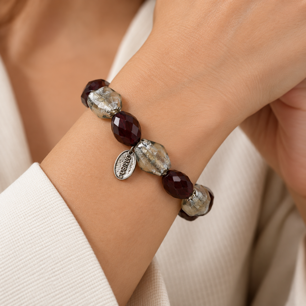 Women Stretch Cuff Bangle Bracelet, Murano Style Glass Bead, Foil Cut Glass, Janeo - Image 1