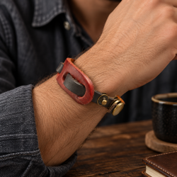 Red Buff Mens Teens Genuine Leather Wristband Strap. Adjustable Size, Cuff Bangle
