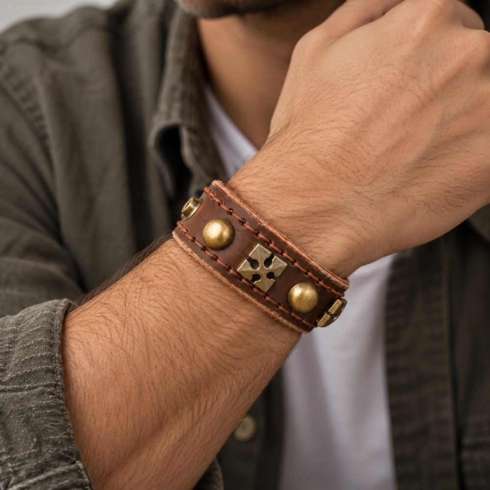 Mens Antique Brown Leather Wristband Stitched Strap, Gothic Cross and Brass Studs - Image 1