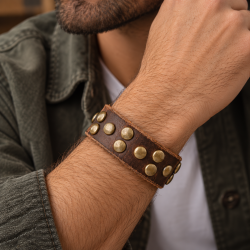 Mens Leather Wristband Strap Dark Brown Genuine Buffalo. Adjustable Cuff, Janeo