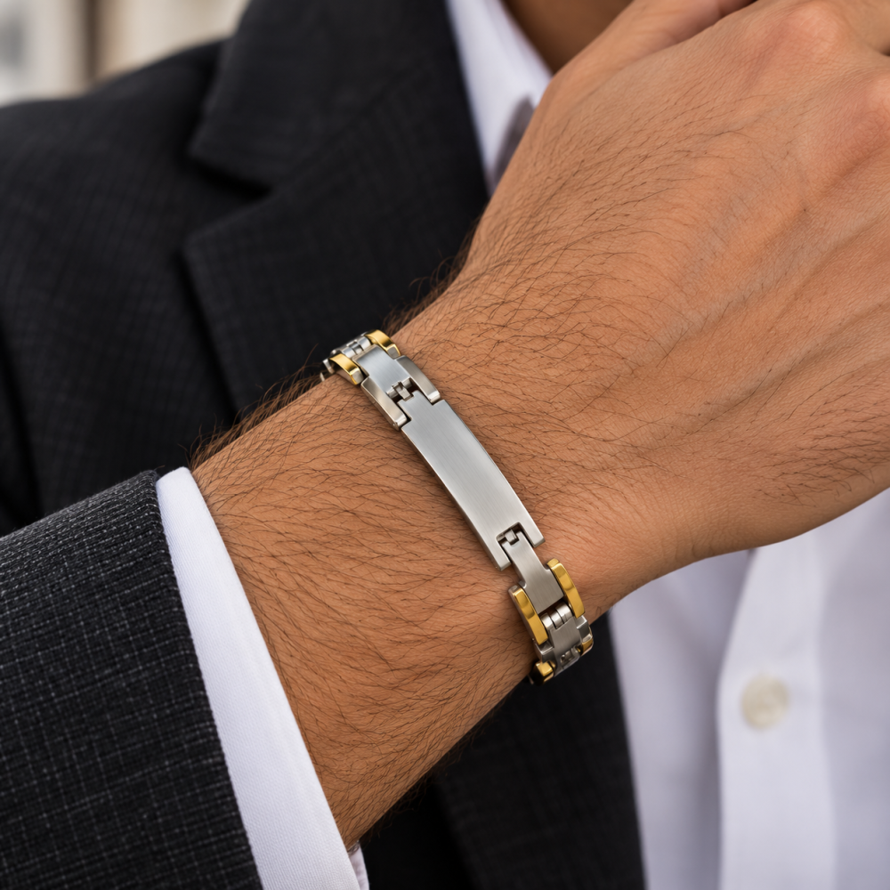 Mens Links Bracelet Silver & Gold Mix Stainless Steel, Cuff Bangle Wrist Band - Image 1