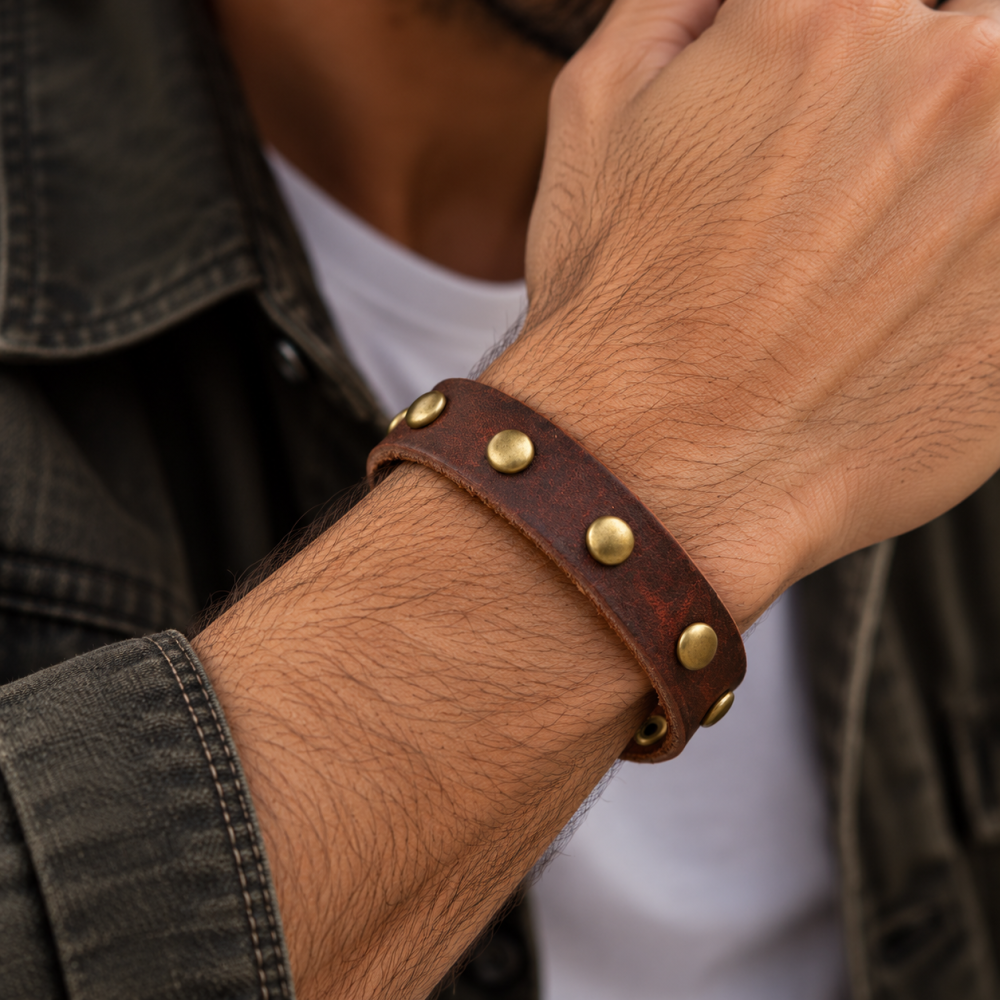 Mens Leather Cuff Strap Wristband Bracelet, Brass Studs & Ties Fasten, JaneoJewels - Image 1