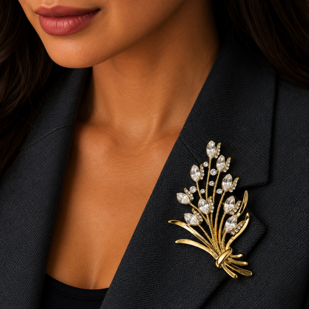 Bouquet Flower Lapel Crystal Brooch Pin Jewellery, Swarovski Crystal Elements - Image 1