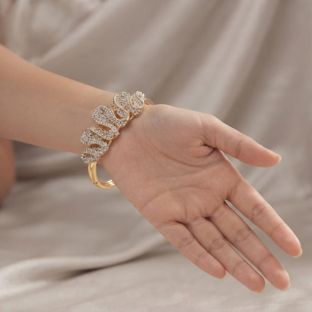 Womens Crystal Cuff Bangle, Swarovski Crystal Elements Spiral, 14K Gold Bracelet - Image 7