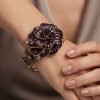 Enamel Flower Design, Womens Cuff Bangle, 14K Gold, Swarovksi Crystals Elements - Thumbnail Image 1