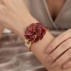 Enamel Flower Design, Womens Cuff Bangle, 14K Gold, Swarovksi Crystals Elements - Thumbnail Image 4