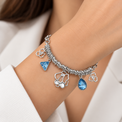 Womens Charms Chain Bracelet with Round Links & Crystals, Gift Idea for Her