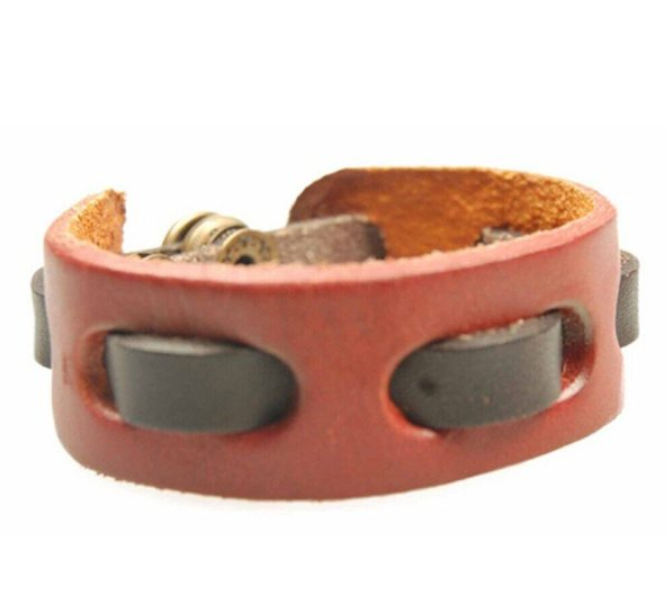 Red Adjustable Genuine Leather Wrist Strap With Solid Brown Leather Tape - Image 2