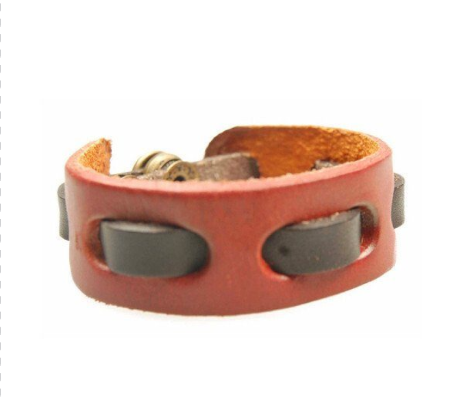 Red Buff Mens Teens Genuine Leather Wristband Strap. Adjustable Size, Cuff Bangle - Image 2