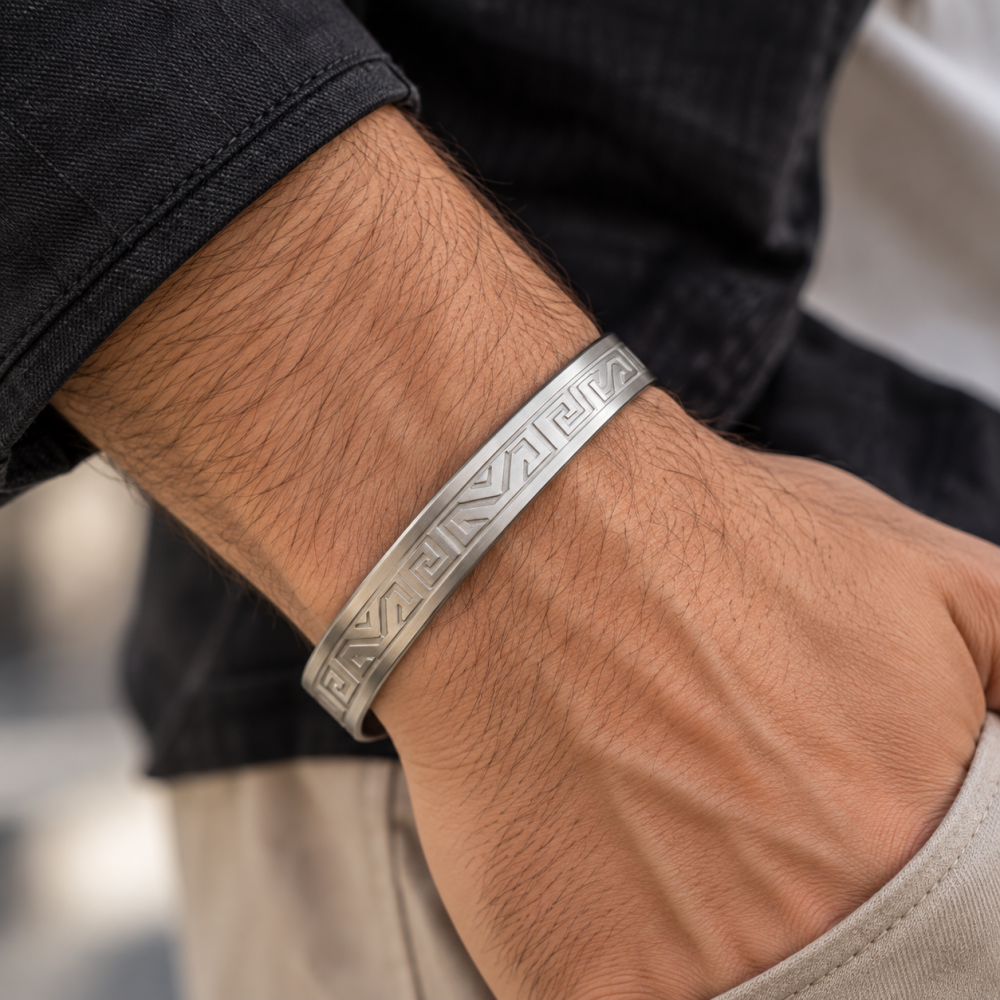 Mens Stainless Steel Cuff Bracelet, WristBand, Etched Engraved Greek Key Pattern - Image 6