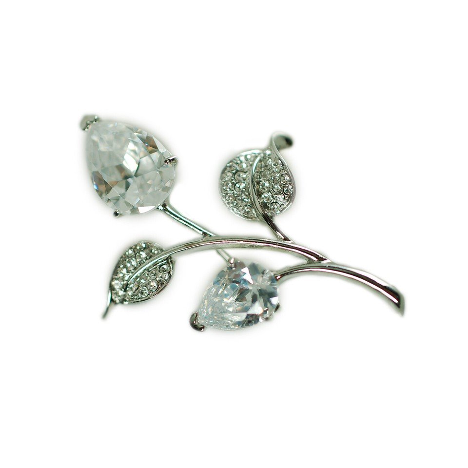 Leaf & Pear Drop Brooch Pin, Womens Lapel Jewelry, Czech Crystal, SALE (2Pc) - Image 3