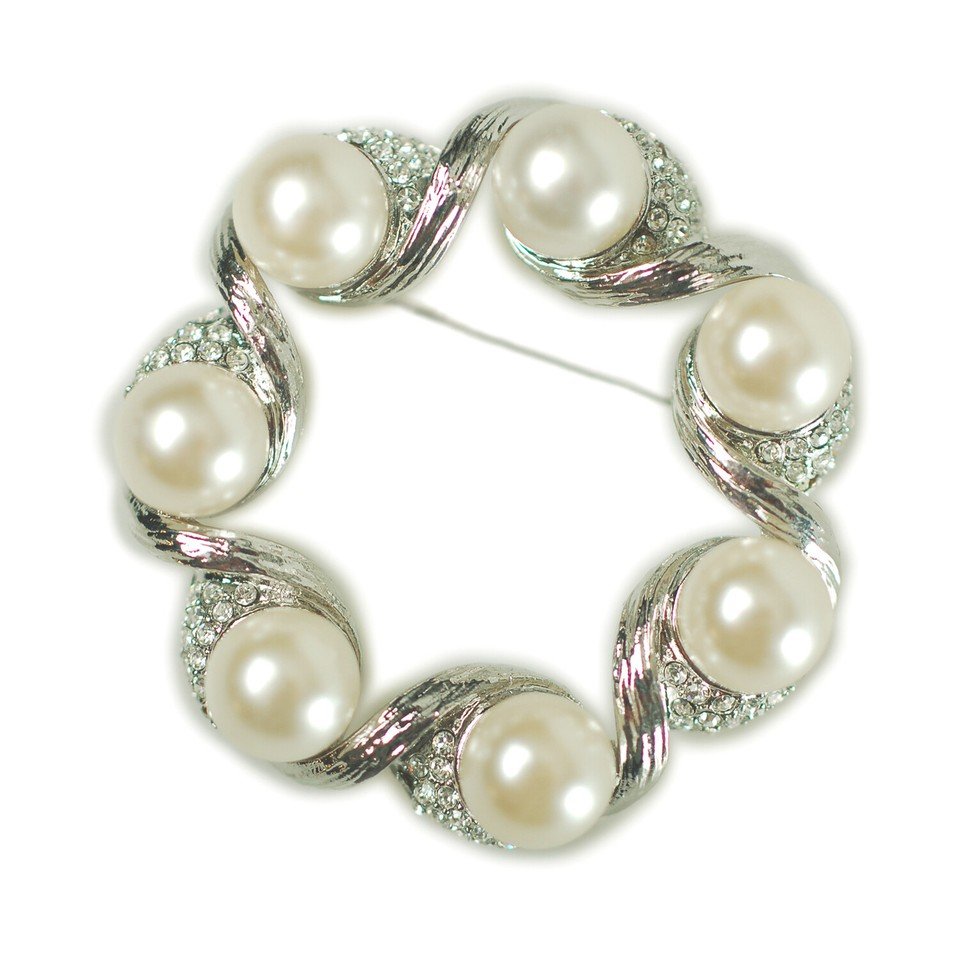 Silver Rhodium Brooch Pin, Clear Swarovksi Crystal Elements & Pearls, Sale (2Pcs) - Image 3