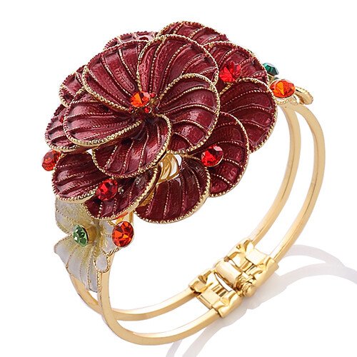 Enamel Flower Design, Womens Cuff Bangle, 14K Gold, Swarovksi Crystals Elements - Image 5