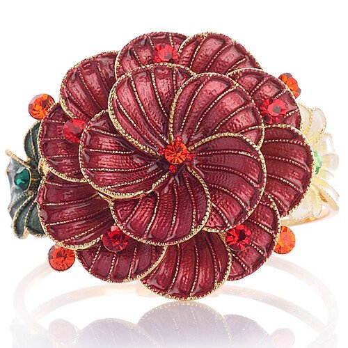 Enamel Flower Design, Womens Cuff Bangle, 14K Gold, Swarovksi Crystals Elements - Image 6