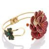 Enamel Flower Design, Womens Cuff Bangle, 14K Gold, Swarovksi Crystals Elements - Thumbnail Image 7