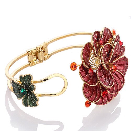 Enamel Flower Design, Womens Cuff Bangle, 14K Gold, Swarovksi Crystals Elements - Image 7