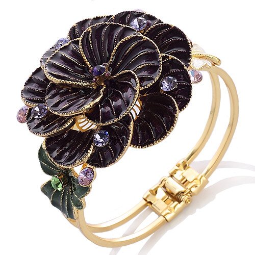 Enamel Flower Design, Womens Cuff Bangle, 14K Gold, Swarovksi Crystals Elements - Image 2