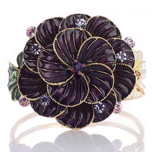 Enamel Flower Design, Womens Cuff Bangle, 14K Gold, Swarovksi Crystals Elements - Image 3