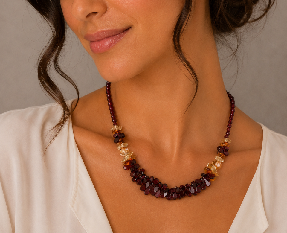 Beaded Jewellery Necklace, Agate Style Stones & Beads, Swarovski Crystal Elements - Image 1