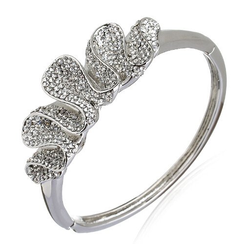 Womens Crystal Cuff Bangle, Swarovski Crystal Elements Spiral, 14K Gold Bracelet - Image 3