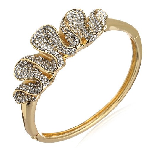 Womens Crystal Cuff Bangle, Swarovski Crystal Elements Spiral, 14K Gold Bracelet - Image 9
