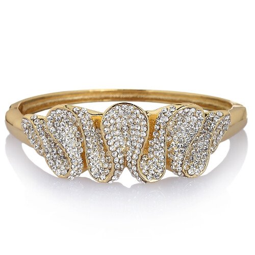 Womens Crystal Cuff Bangle, Swarovski Crystal Elements Spiral, 14K Gold Bracelet - Image 10