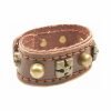Mens Antique Brown Leather Wristband Stitched Strap, Gothic Cross and Brass Studs - Thumbnail Image 2