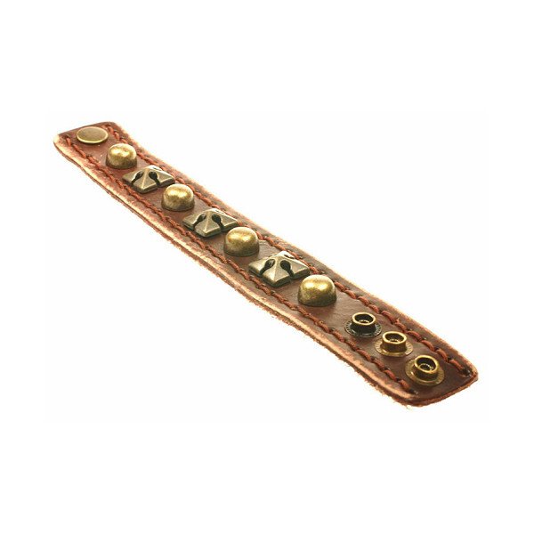 Mens Antique Brown Leather Wristband Stitched Strap, Gothic Cross and Brass Studs - Image 3